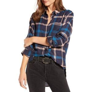 Treasure & Bond Blue Pink Plaid Long Sleeved Button Down Boyfriend Shirt SZ Med